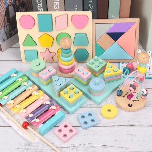 Hot Kids Montessori Wooden Toys – Macaron Blocks Learning Set, Baby Music Rattles & Colorful Educational Blocks