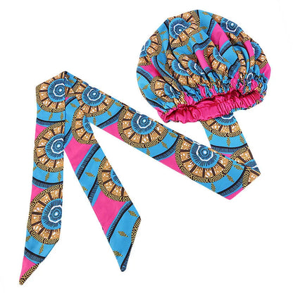 African Satin Lined Bonnet with Long Ribbon - Floral Ankara Print Head Wrap Turban Cap for Women