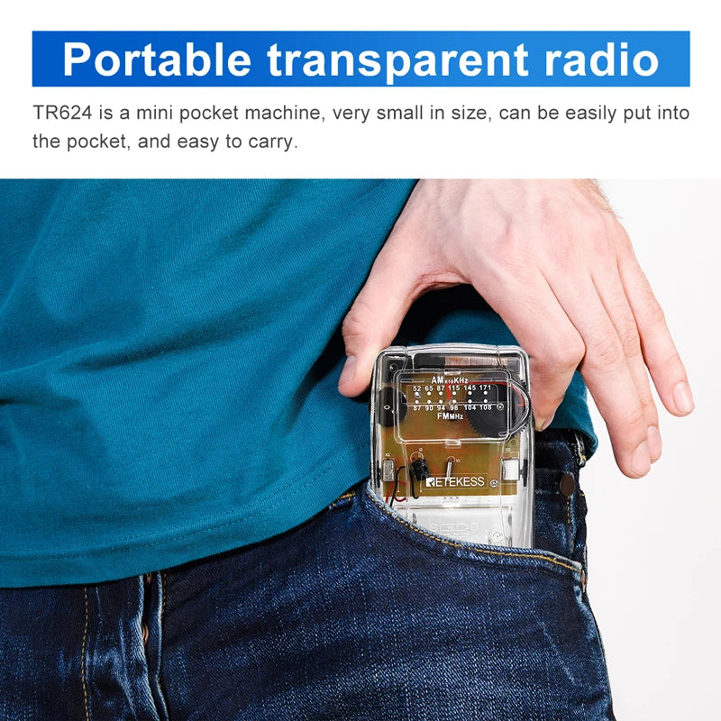 RETEKESS TR624 Transparent Portable AM/FM Radio - Pointer Tuning with Headphone Support for Church, Conference & Museum Guide Use