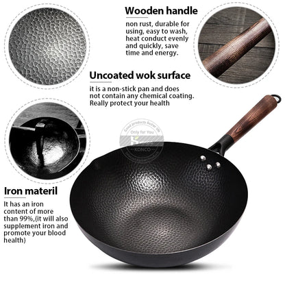 Konco 32cm Cast Iron Wok – Non-Coated Chinese Cookware Pan for Gas & Induction Kitchen Use