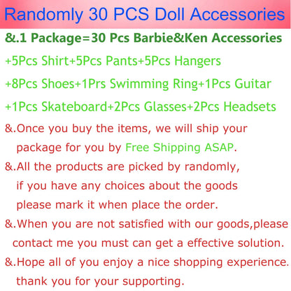 30-Piece Ken Doll Accessories Set — Clothes, Glasses, Shoes, Hangers, Guitar, Skateboard & Headsets for Barbie Dolls, DIY Toy for Girls