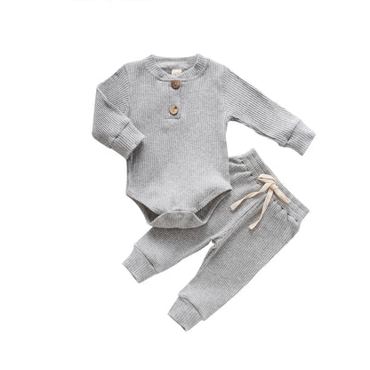 Unisex Baby 2-Piece Outfit Set - Long-Sleeve Ribbed or Plaid Bodysuit with Elastic Pants for Spring & Autumn