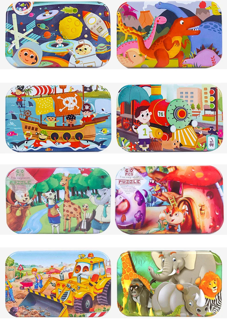 60PCS Wooden Puzzle Toys – Cartoon Vehicle & Animal Jigsaw for Kids’ Learning & Educational Play