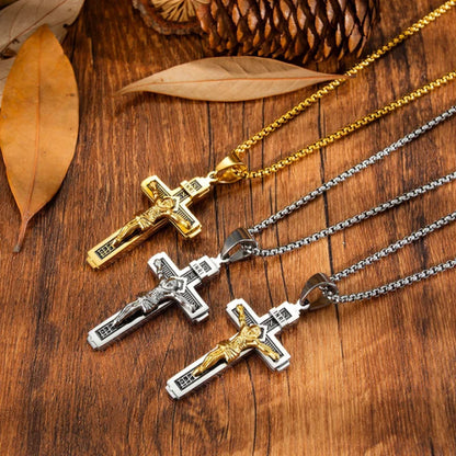 Vintage Jesus Cross Pendant Necklace – Catholic Christian Amulet Jewelry for Men & Women Religious Prayer Gift