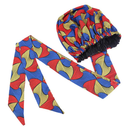 African Print Satin Bonnet with Long Ribbon - Double-Layer Ankara Hair Wrap Cap for Women, Large Size Head Cover