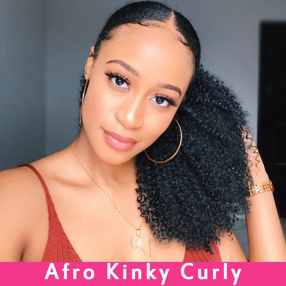 Alibele Mongolian Afro Kinky Curly Drawstring Ponytail – 4B/4C Remy Human Hair Extensions 10-28 Inch Clip-In