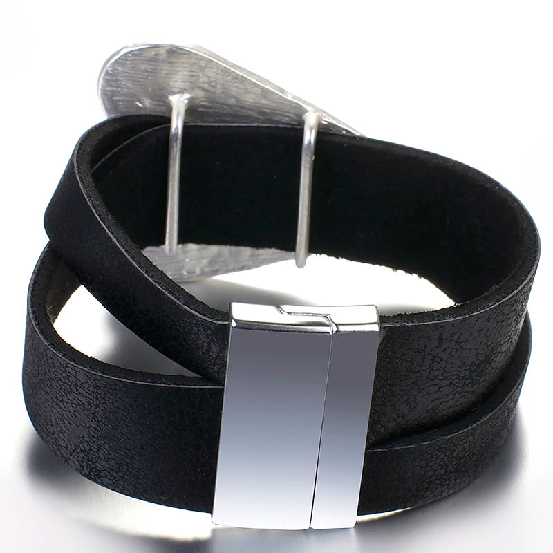 ALLYES Black Leather Bracelet for Men & Women - Fashion 2024 Magnetic Buckle with Heart Charm, Wide Wrap Jewelry
