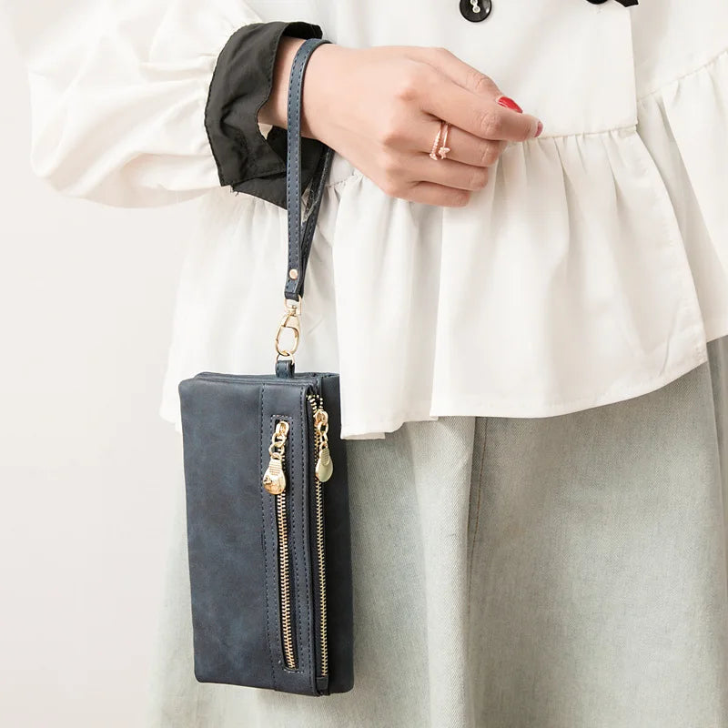 Large Capacity Women's Wallet – Dull Polish Leather, Double Zipper Clutch Wristlet with Phone, Coin & Card Holder Pockets