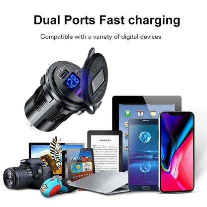 Car USB Charger with QC3.0 PD Type C and Switch Socket - for 12V/24V Vehicles, Boat, Motorcycle, SUV, Bus, Truck, Caravan, Marine