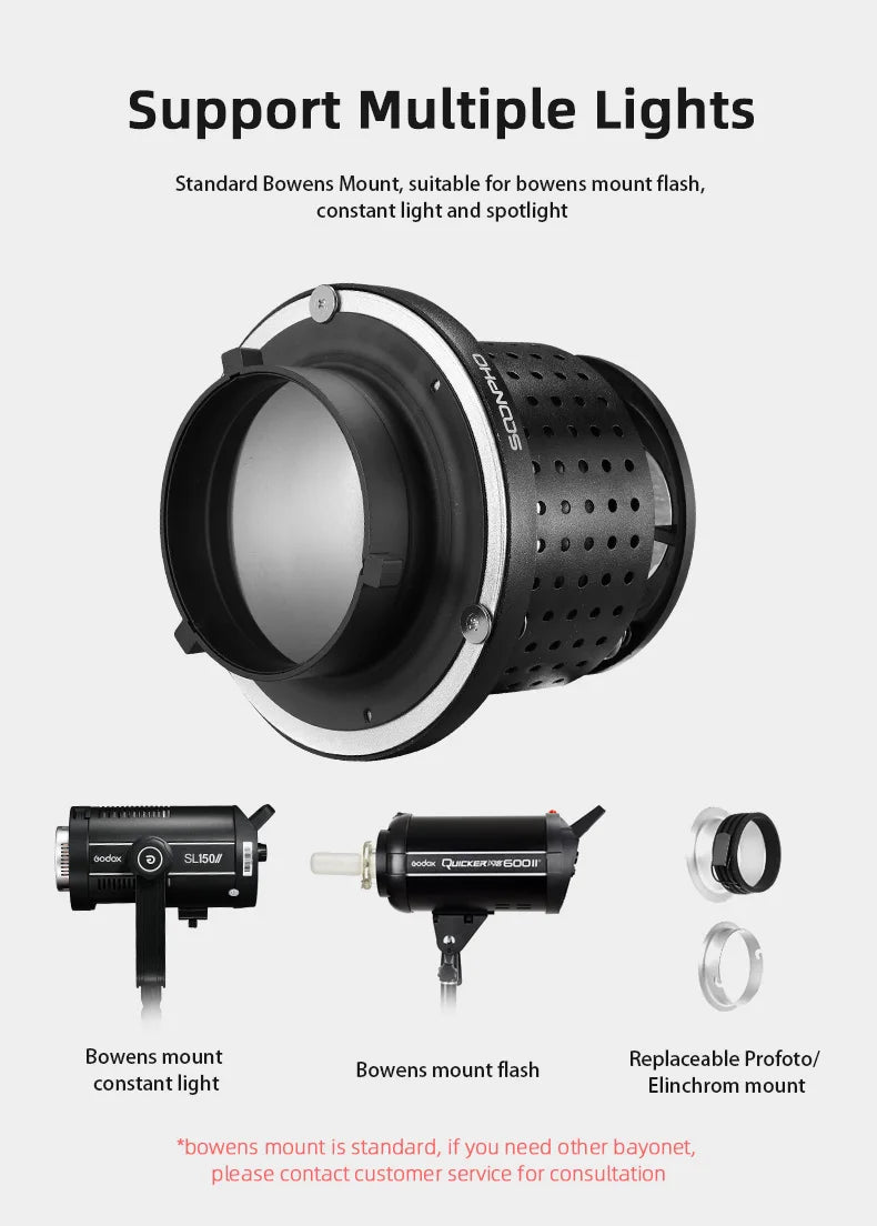 Soonpho OT1 PRO Bowens Mount Optical Snoot – 50mm/85mm/150mm Lenses for Graphic Art Effects, Godox Lighting Flash
