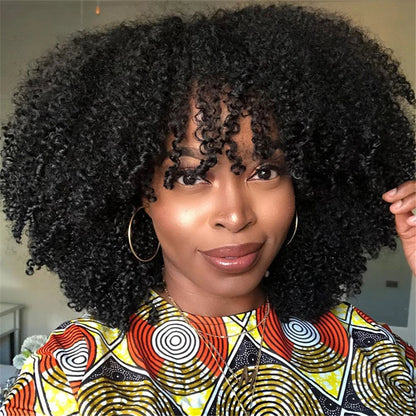 Mongolian Afro Kinky Curly Wig with Bangs – Glueless Remy Brazilian Short Curly Human Hair Wig