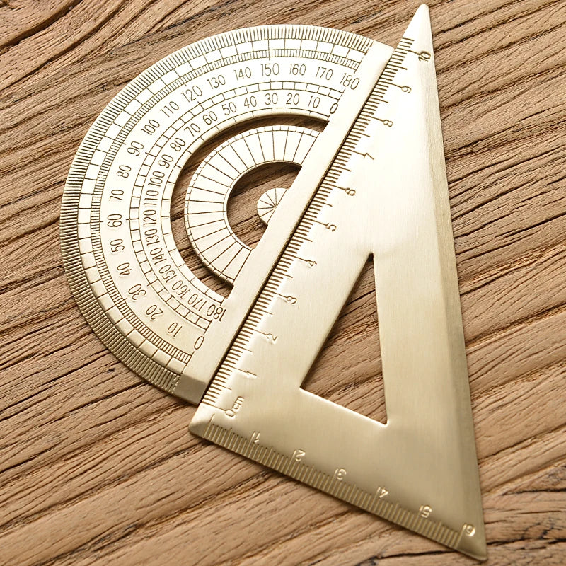 Vintage Brass Straight Ruler — Metal Triangle Protractor Measuring Tool for Students