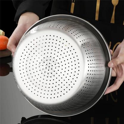 Stainless Steel Drain Basket Colander – Round Rice Cleaning Sieve & Fruit Vegetable Washing Strainer for Kitchen Use