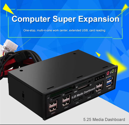 DeepFox 5.25" Media Dashboard Card Reader – USB 2.0/3.0, e-SATA, SATA Front Panel for Optical Drive Bays