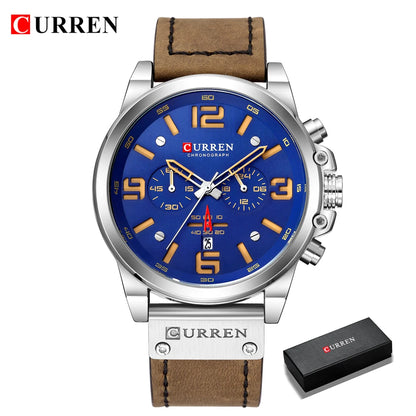 CURREN Men's Luxury Waterproof Sport Watch – Chronograph Quartz Military Wristwatch with Genuine Leather Strap