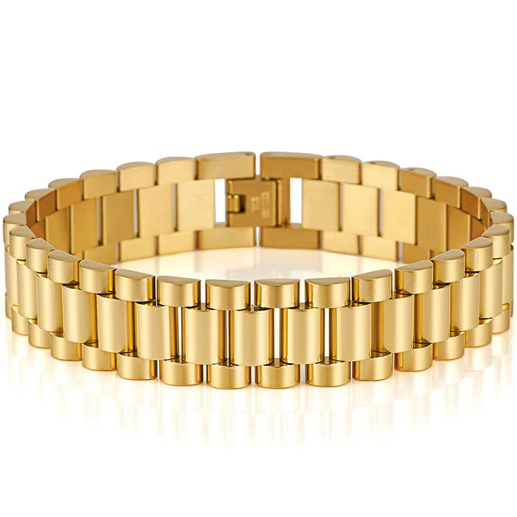 15mm Wide Gold Stainless Steel Watch Chain Bracelet – Luxury Waterproof Men’s Wristband Jewelry for Men & Boys Wholesale Style