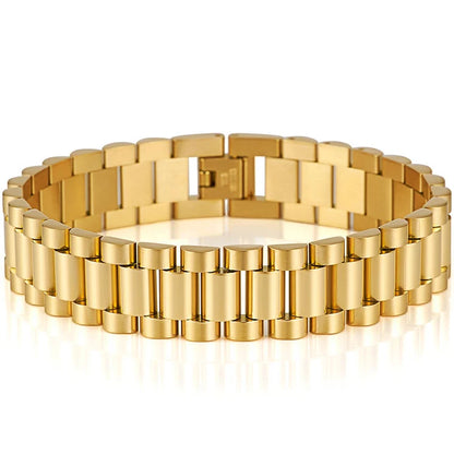15mm Wide Gold Stainless Steel Watch Chain Bracelet – Luxury Waterproof Men’s Wristband Jewelry for Men & Boys Wholesale Style