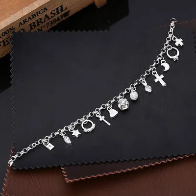 925 Sterling Silver 13-Piece Charm Bracelet – Fashion Pendant Chain Jewelry for Women & Teens