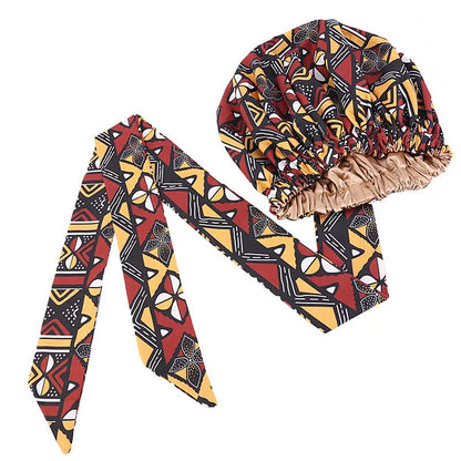 African Print Satin Bonnet with Long Ribbon - Double-Layer Ankara Hair Wrap Cap for Women, Large Size Head Cover
