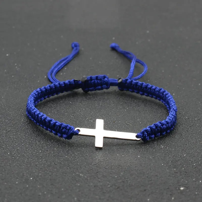Stainless Steel Cross Charm Bracelet - Handmade Adjustable Braided Rope Chain Couple Jewelry for Women & Men