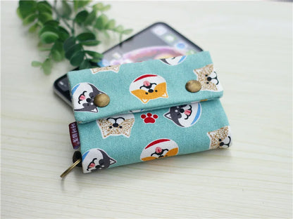 Handmade Three-Fold Fabric Wallet — Short Zipper Purse for Women & Men, Multi-Function Card & Key Holder for Teens