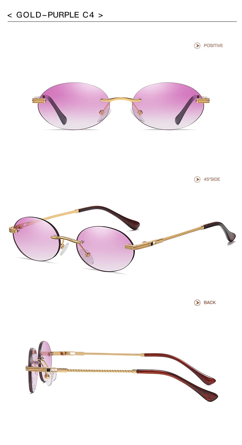 Retro Oval Rimless Sunglasses – Blue Mirror Gold Metal UV400 for Men & Women