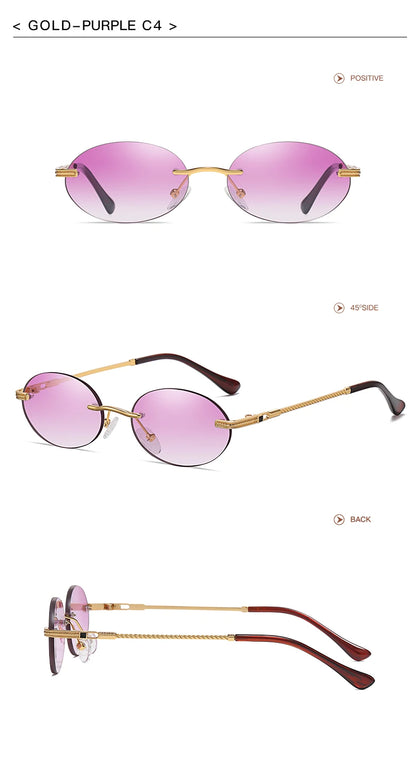 Retro Oval Rimless Sunglasses – Blue Mirror Gold Metal UV400 for Men & Women
