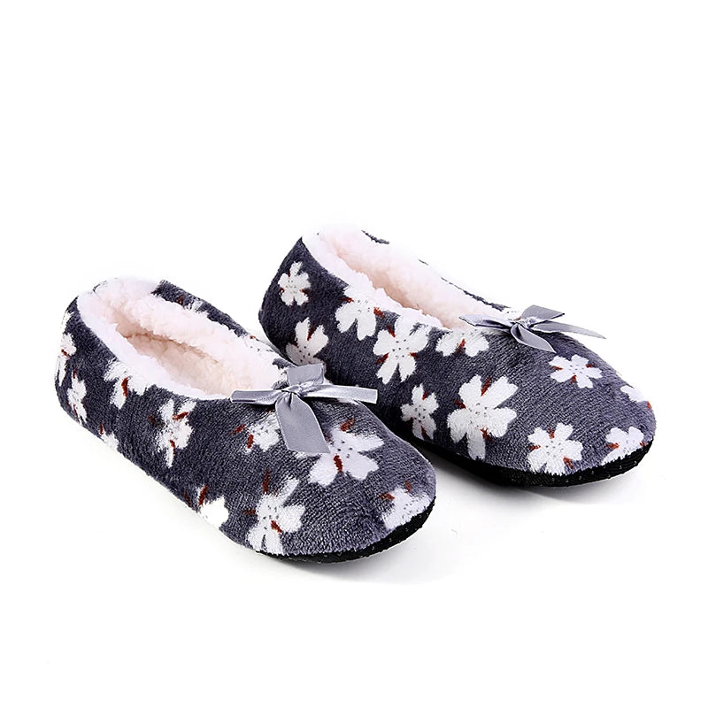 Mntrerm Women's Warm Cotton Slippers with Non-Slip Sole, Plush Indoor Shoes with Bow Tie Dots