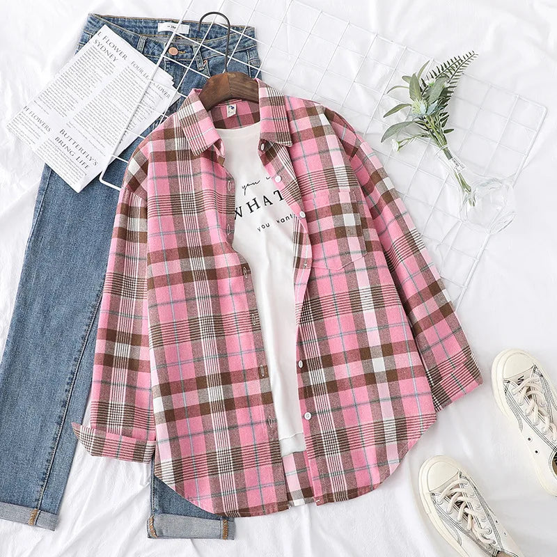 2025 Women’s Flannel Plaid Shirt – Casual Loose Cotton Long Sleeve Blouse, Designer Style Tops
