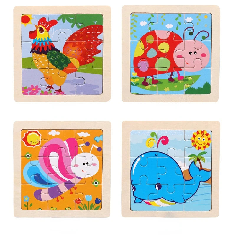 11cm Kids Wooden Jigsaw Puzzle – Cartoon Animal & Vehicle Montessori Educational Toys