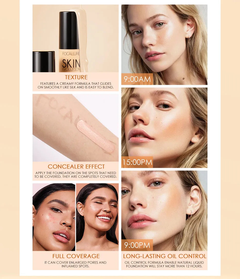 Focallure Liquid Foundation Cream — Full Coverage, Oil-Control Moisturizing Base & Concealer for Women