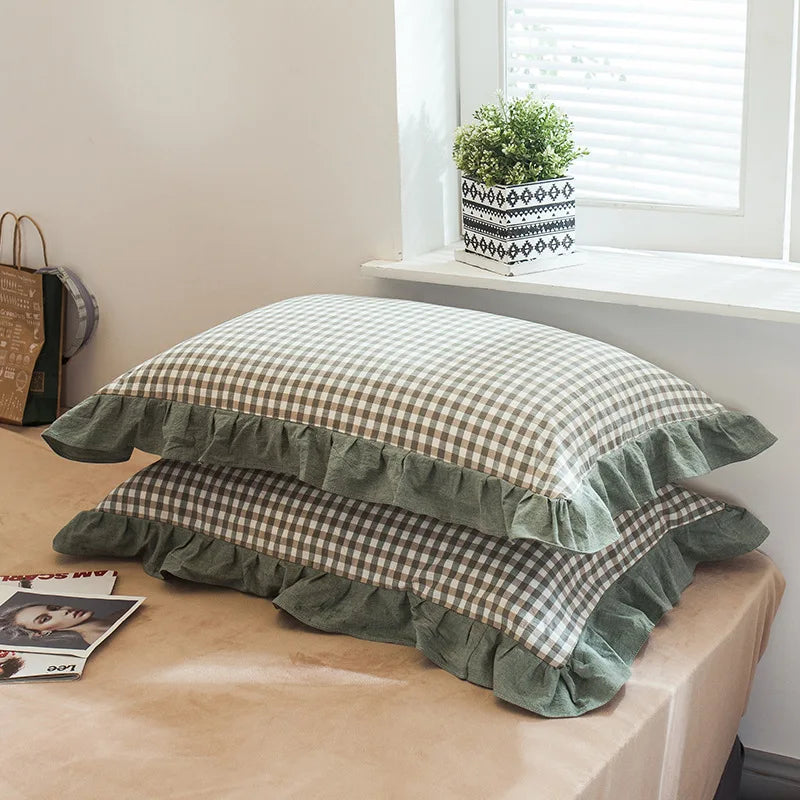 2 Pack 48x74cm Plaid Washed Cotton Pillowcases – Super Soft Ruffled Bedding Covers for Home & Dorm Decor