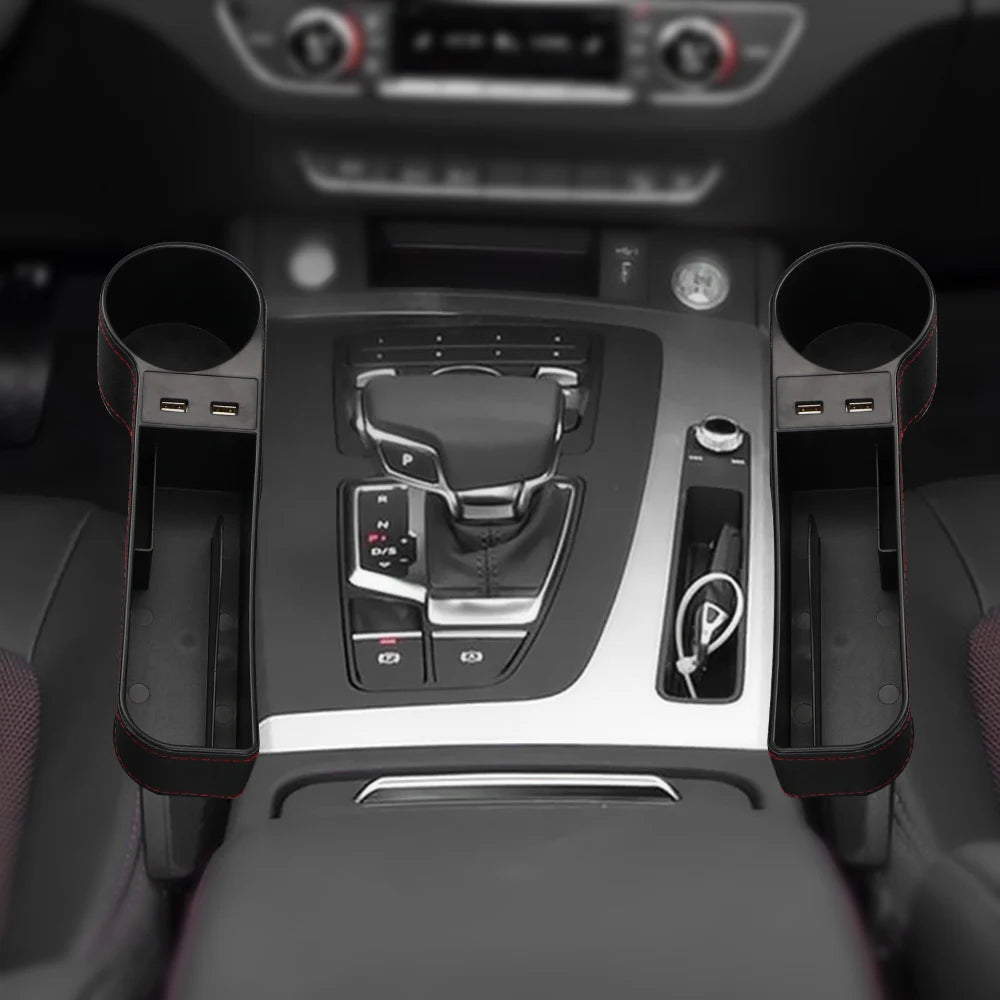 Car Seat Gap Organizer – Leather Auto Crevice Storage Box with Cup & Phone Holder, USB Option