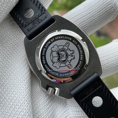 Steeldive SD1970 Men’s Automatic Dive Watch — 200M Waterproof, White Date Background, AR Coating Sapphire Glass, NH35 Black Dial Turtle Design