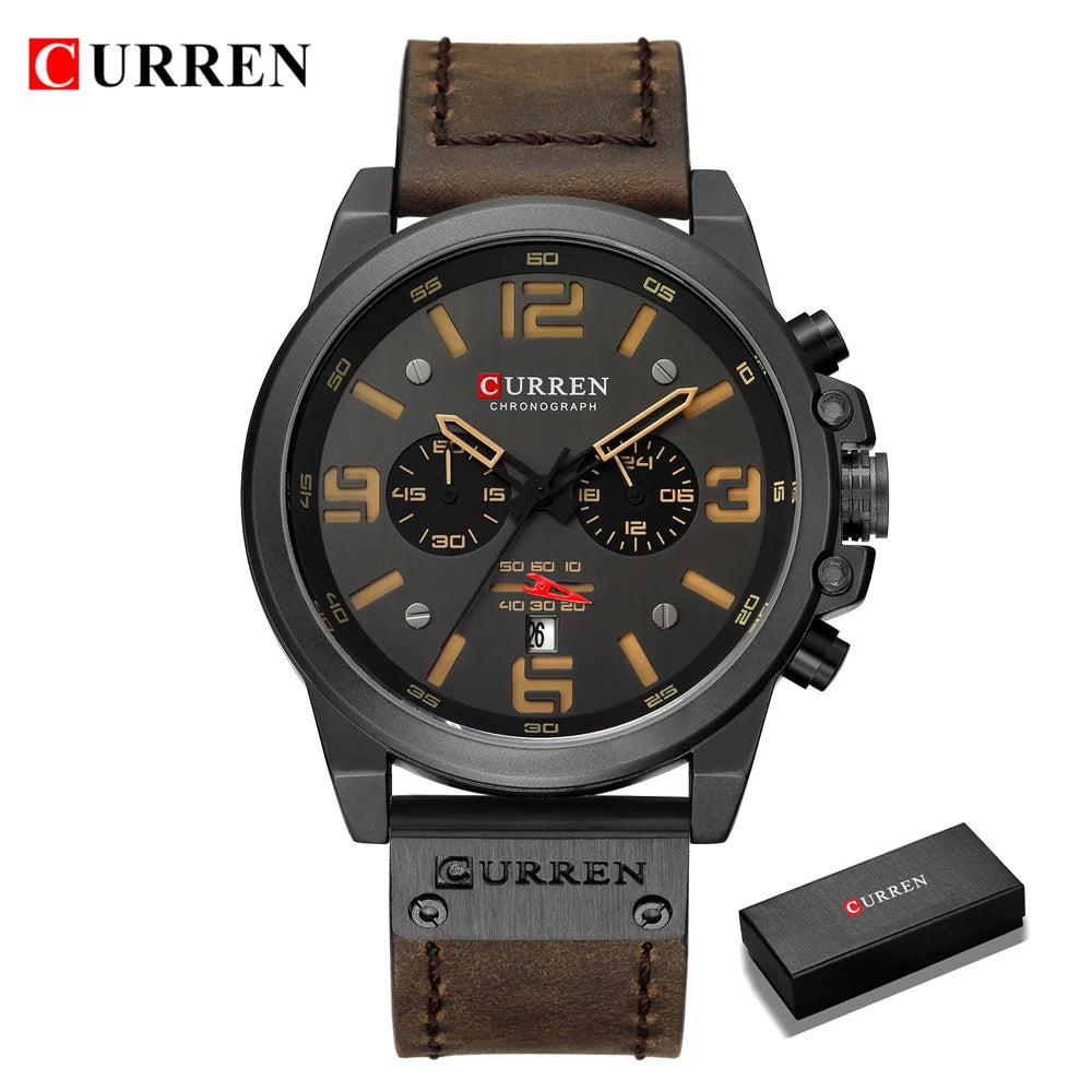 CURREN Men's Luxury Waterproof Sport Watch – Chronograph Quartz Military Wristwatch with Genuine Leather Strap