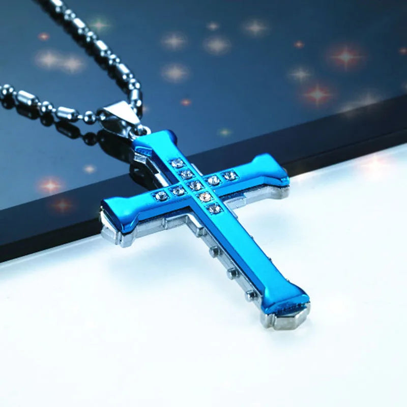 SUMENG 2025 Crystal Cross Jesus Pendant Necklace – Stainless Steel Gold/Black/Blue Zirconia Religious Jewelry for Men, Fashion Christian Gift