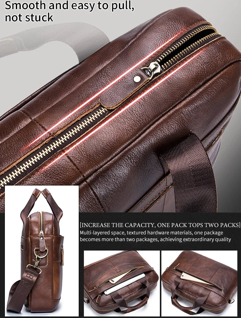 BULLCAPTAIN Men's Genuine Leather Briefcase – 14-Inch Laptop Shoulder Messenger Bag for Business & Office