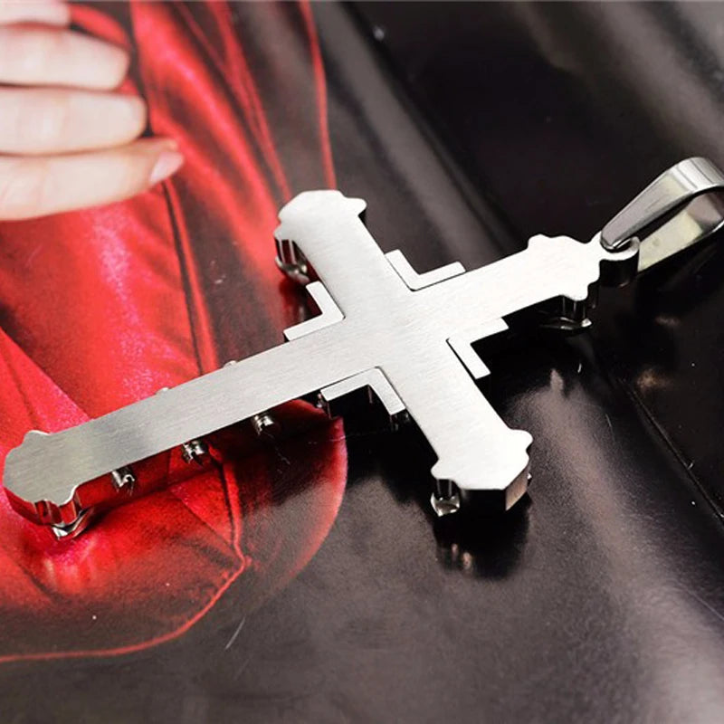 SUMENG 2025 Crystal Cross Jesus Pendant Necklace – Stainless Steel Gold/Black/Blue Zirconia Religious Jewelry for Men, Fashion Christian Gift