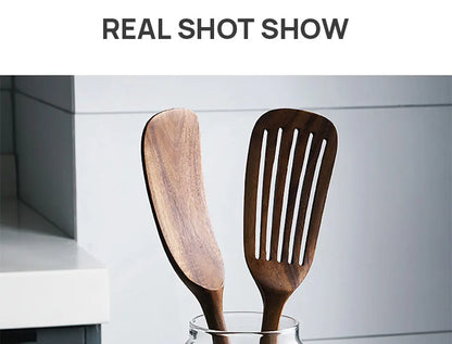 1-9pcs Teak Wood Tableware Set – Natural Wooden Cooking Spoons, Colander Spoon & Soup Skimmer Kitchen Tool Kit