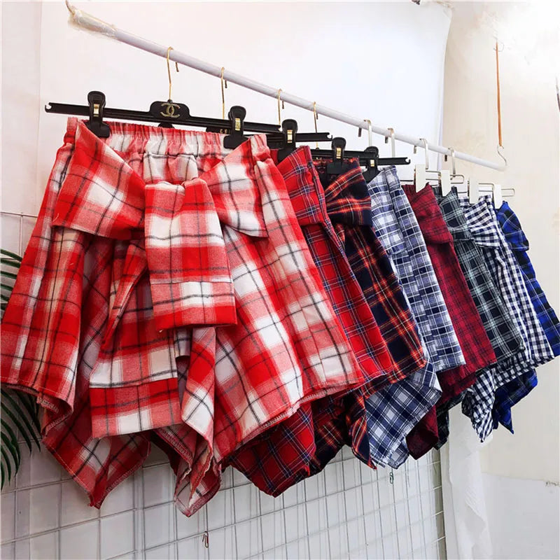 TOTRUST Women’s Fashion Asymmetrical Summer Plaid Mini Skirt – Casual College Style Fake Shirt Design