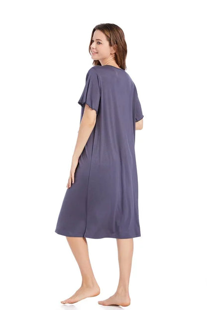 Women’s Modal Short-Sleeve Night Dress – Mid-Length Cotton Sleep Top with Buttons, Plus Size Pajamas