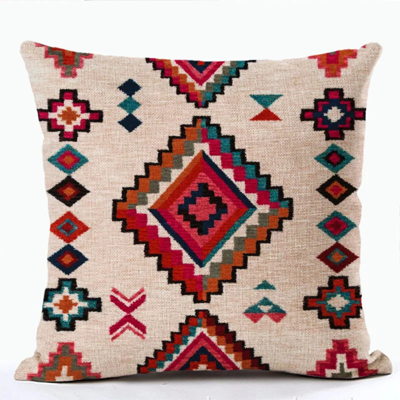 Bohemian Linen Cushion Cover – Multicolor Ethnic Geometric Pattern Decorative Pillow for Living Room Sofa