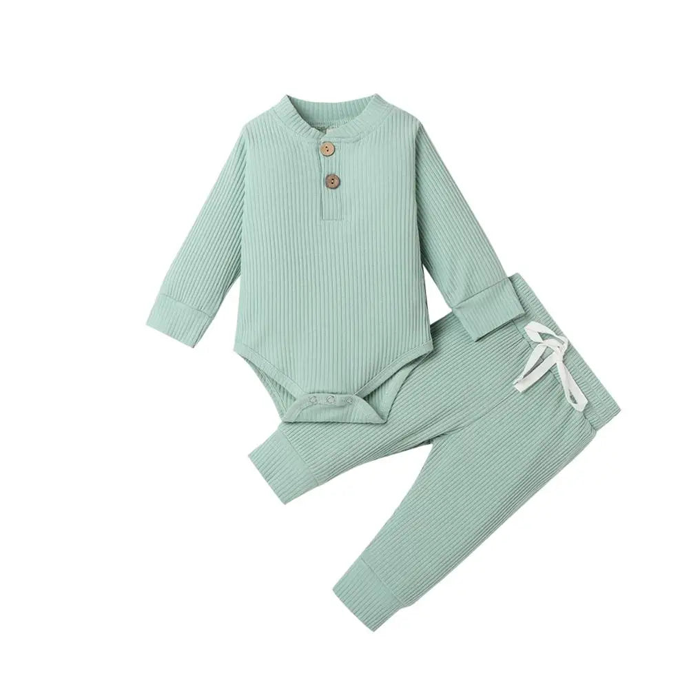 Unisex Baby 2-Piece Outfit Set - Long-Sleeve Ribbed or Plaid Bodysuit with Elastic Pants for Spring & Autumn