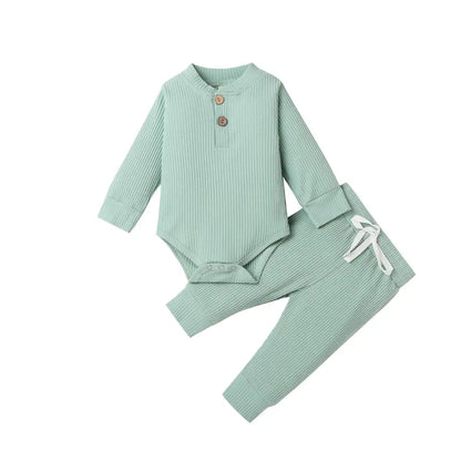 Unisex Baby 2-Piece Outfit Set - Long-Sleeve Ribbed or Plaid Bodysuit with Elastic Pants for Spring & Autumn