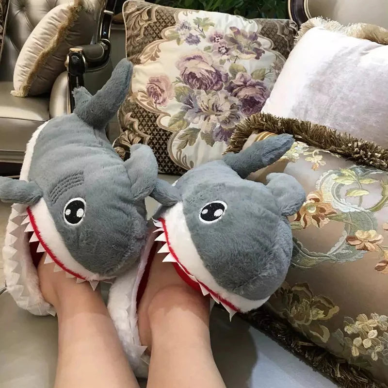 Feerldi Shark Winter Slippers — Cartoon Anime Slip-On Fish Slides for Girls, Boys & Women, Plush Open-Mouth Cotton Shoes