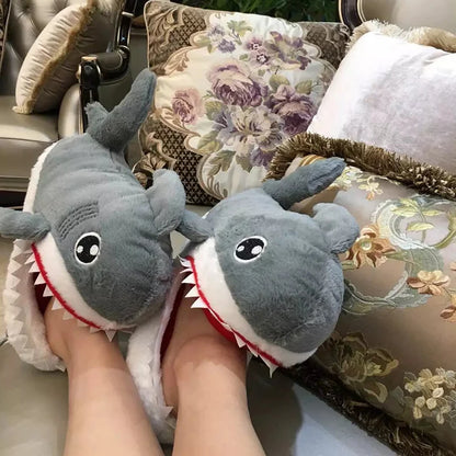 Feerldi Shark Winter Slippers — Cartoon Anime Slip-On Fish Slides for Girls, Boys & Women, Plush Open-Mouth Cotton Shoes