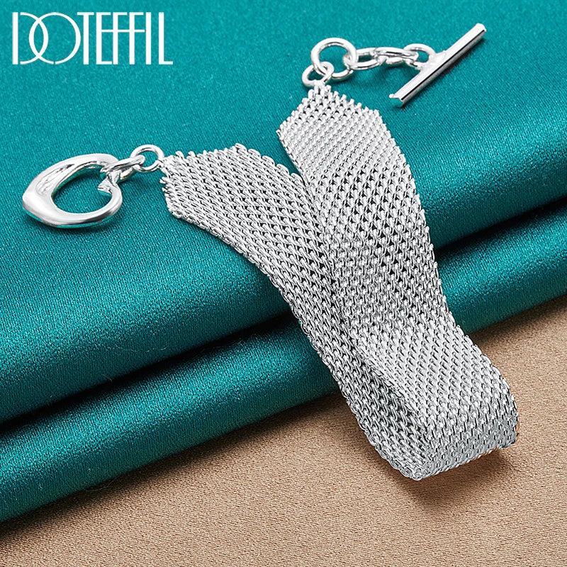 DOTEFFIL 925 Sterling Silver Heart Bracelet – Watchband Style Chain Jewelry for Men & Women