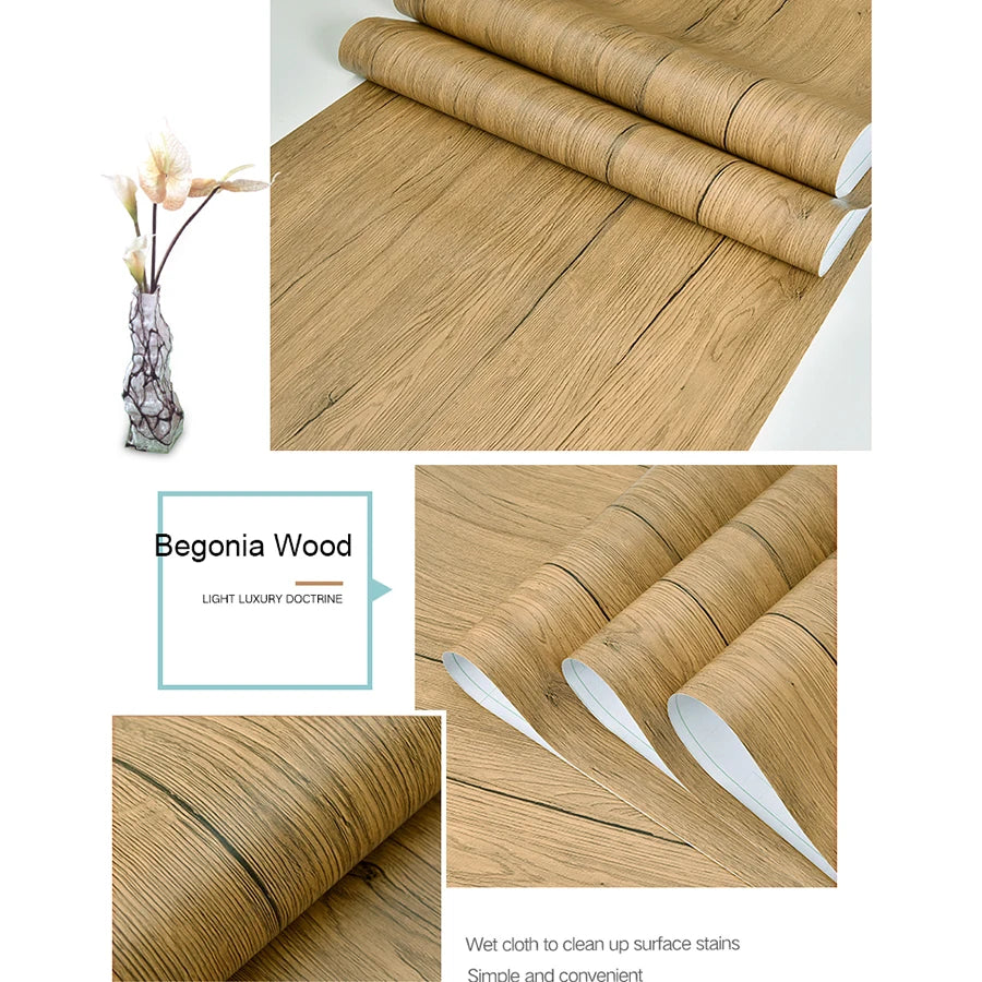 PVC Waterproof Self-Adhesive Wallpaper Roll — Wood Grain Vinyl Decorative Film for Furniture, Cabinets, and DIY Home Decor