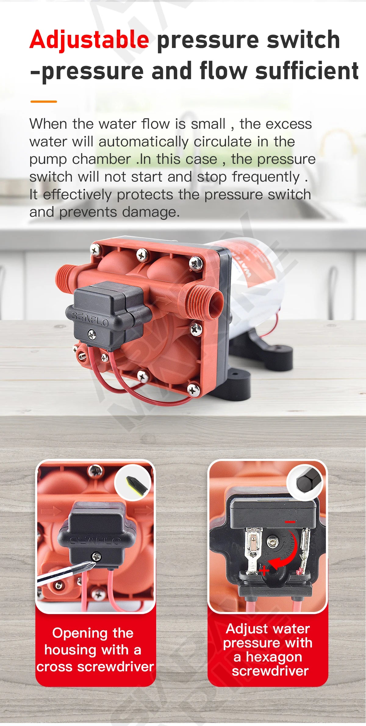SEAFLO 42 Series Diaphragm Water Pump – 3.0GPM, 55PSI, 12V Electric Pump for Yacht, Boat, Marine, RV, Caravan, High Pressure, 4 Chamber