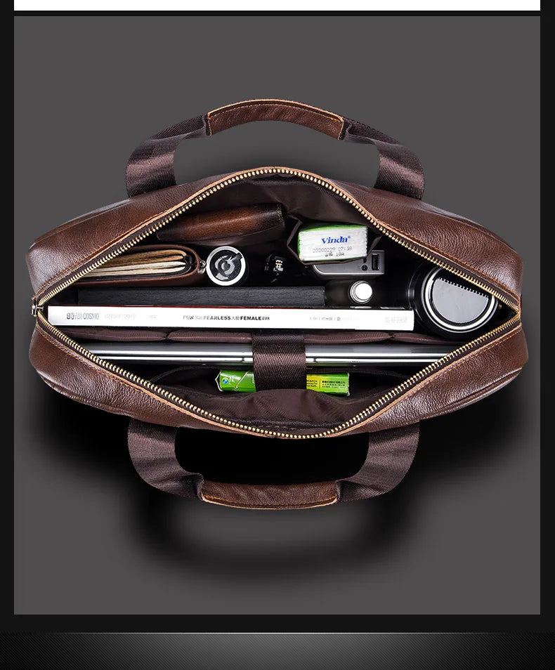 BULLCAPTAIN Men's Genuine Leather Briefcase – 14-Inch Laptop Shoulder Messenger Bag for Business & Office